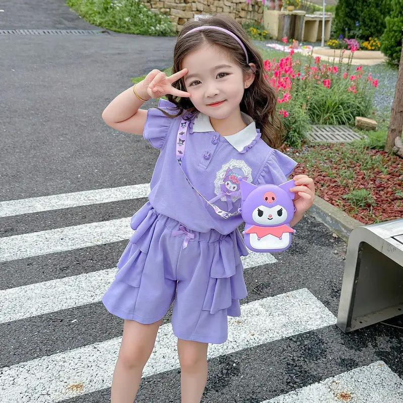 

Kawaii Sanrios Kuromi Kids Clothes Set Summer Fashion Short Sleeve Shorts Set Cute Cartoon Princess Purple T-Shirt Shorts 2Pcs