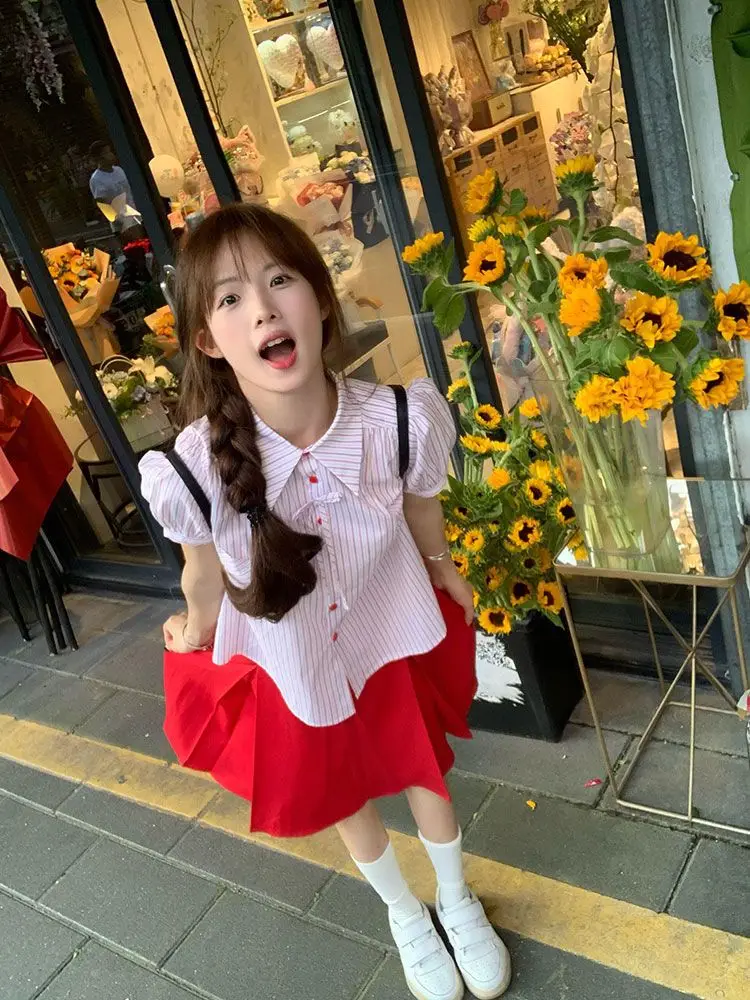 Women Shirts Preppy Style Sweet Striped Short Sleeve Turn Down Collar Single Breasted Fashion Blouse Summer Tops