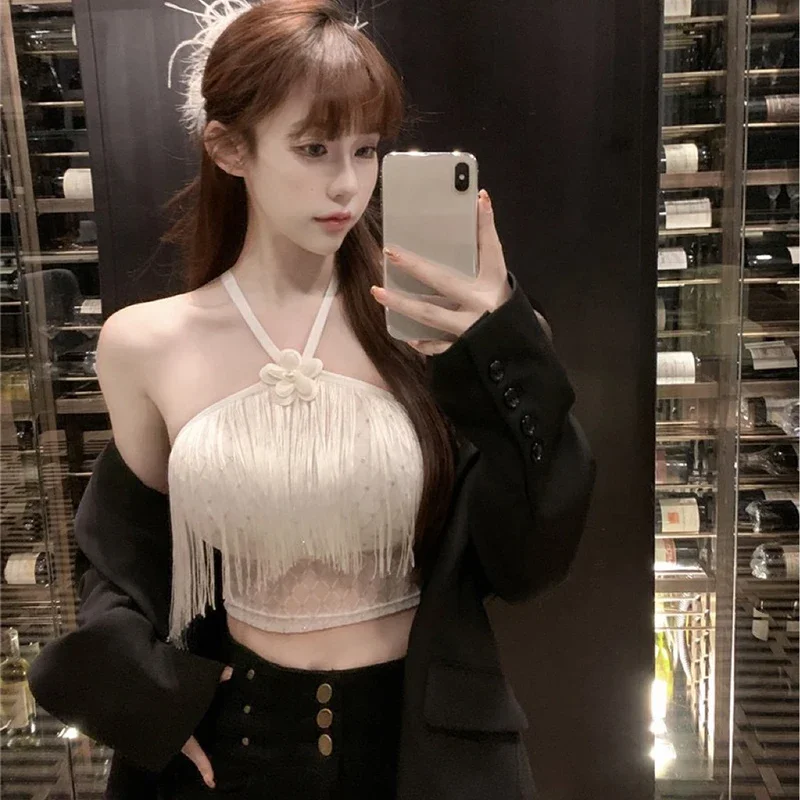 Canotta slim senza maniche tinta unita da donna con nappa sexy estiva