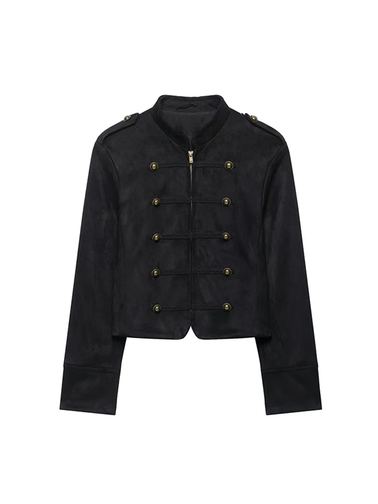 TFMLN Vintage Suede Cropped Jacket For Women Solid Stand Collar Button Decoration Slim Coats Fashion Ladies Outerwear New