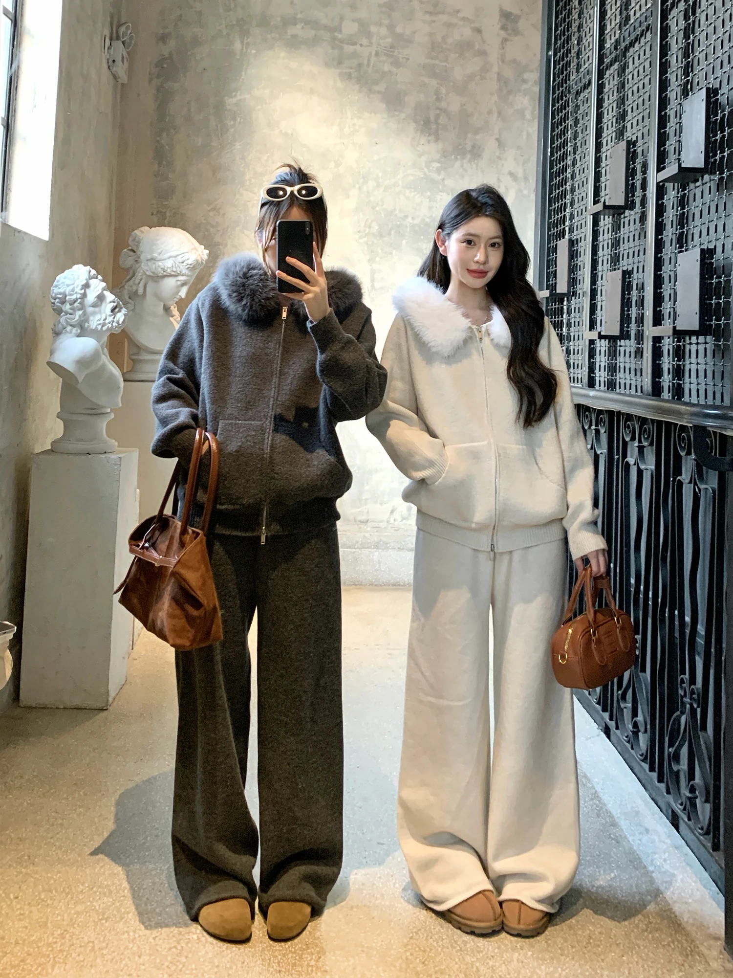 

Korean Sle Women's Fur Hooded Zipper Sweater Casual Pants Two-Piece Set Comfortable Commute Sle Long Sve Regular Fit