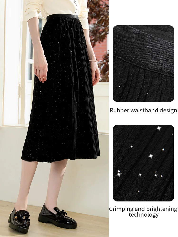 I BELIEVE YOU Black Sequin Pleated A-line Skirt 2025 Autumn Elastic High Waist Skirts Retro Commute Umbrella Skirt 2253026109