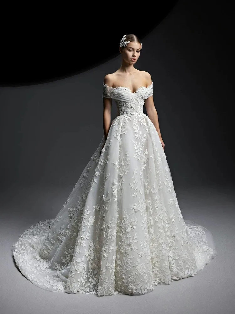 Customized Luxury Long Sleeve Wedding Dresses Removable Bow Lace Bridal Gown Off Shoulder Sleeves Sweetheart Vestidos De Noi