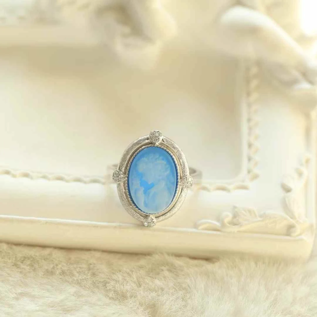 Agate Cameo Series Jewelry Set with Relief Daffodil Goddess Design Pure Silver Inlaid Pendant Ring and Earrings Set for Women view 5