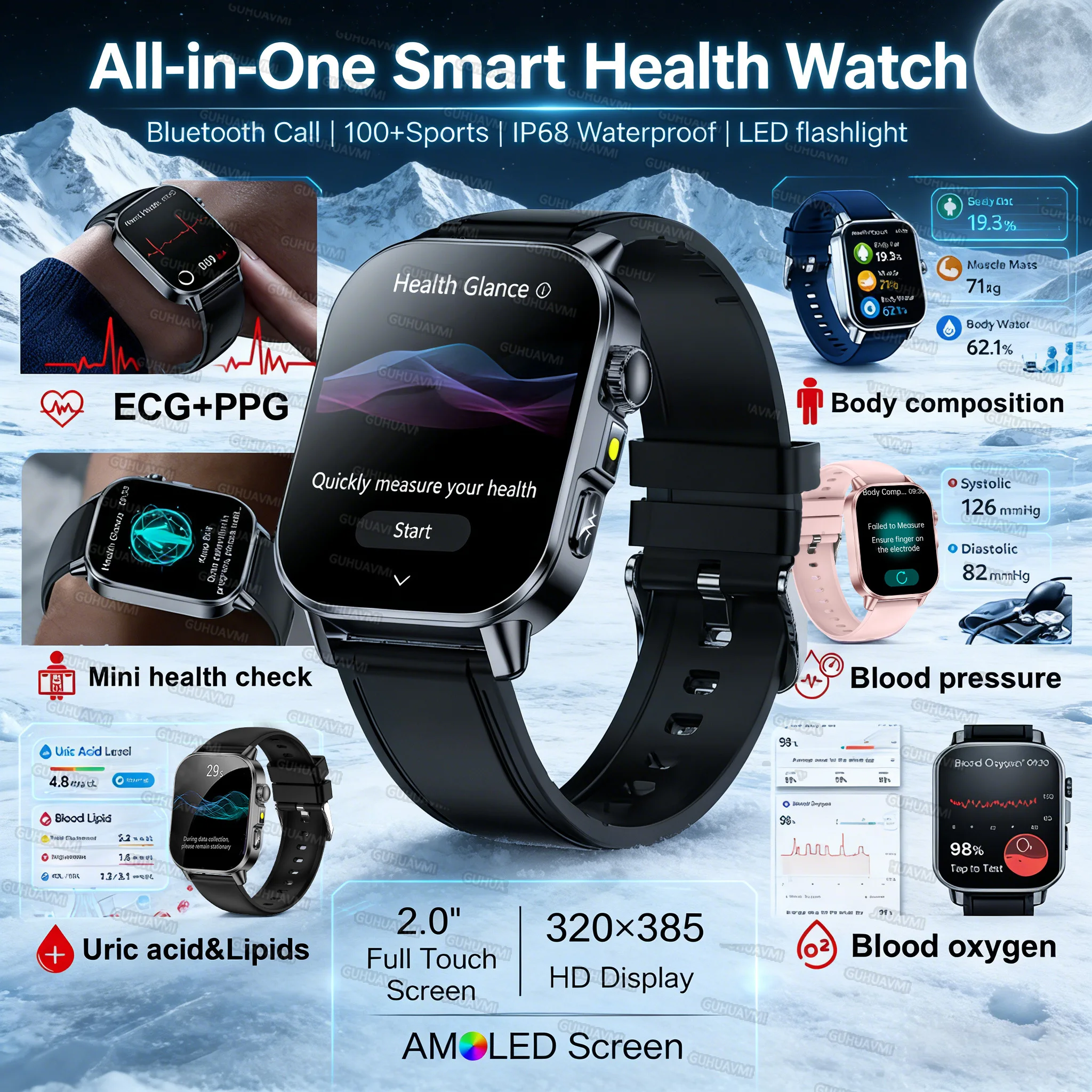 2026New Model Uric Acid &Lipid Health Analysis Smart Watch Men ECG+PPG Bluetooth Call 2.01-inch LED Flashlight Smart Watch Women