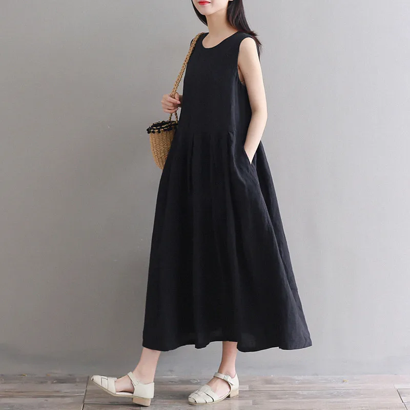 ผู้หญิงฤดูร้อนหลวม A-Line Elegant ผ้าลินินผ้าฝ้าย Midi ชุดลําลองชายหาด Boho Femme vestidos de mujer