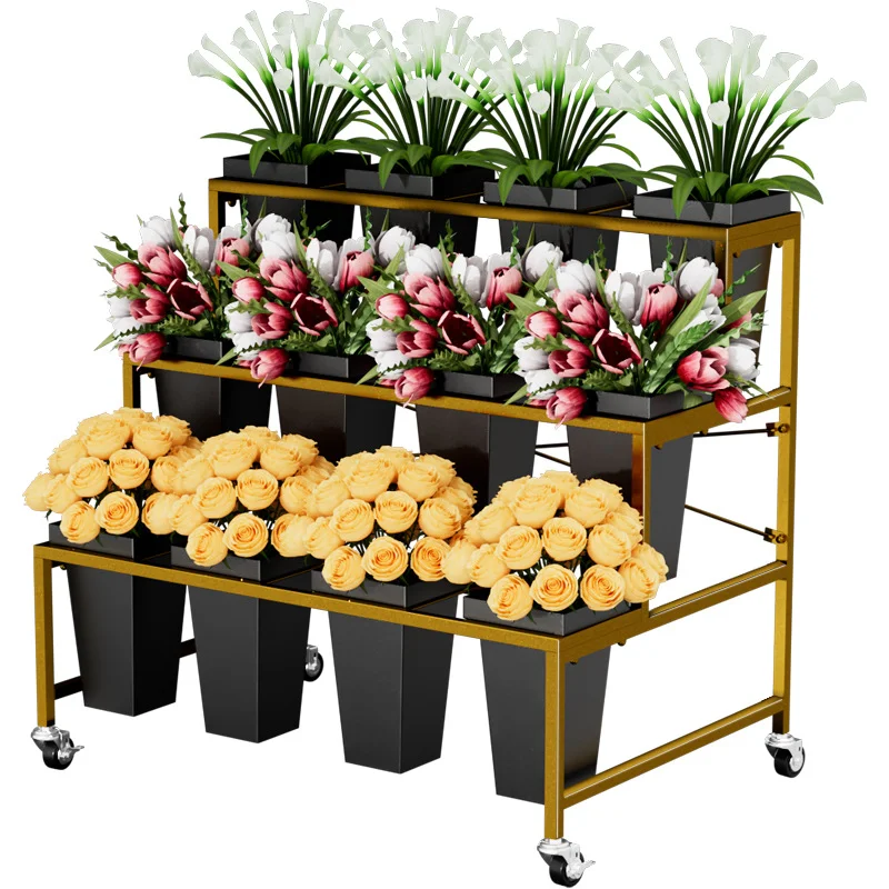 Flower Shop 3 Layer Outdoor Decorative Artificial Beautiful Flower Plant Golden Metal Display Stand Rack with 9/12 Buckets