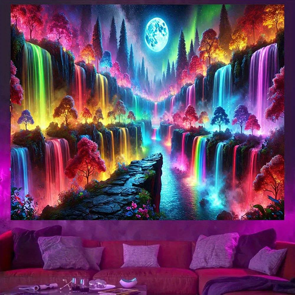 Enchanted Forest Tapestry with Rainbow Waterfalls for a Magical and Colorful Home Decor