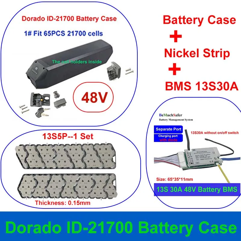 ID-21700 Box 36V 48V Dorado ID-2170 Case pasuje do 52 sztuk 65 komórek 21700 13 s5p 10S 6P taśmy z niklu 10S 13S 30A BMS do DIY ID eBike