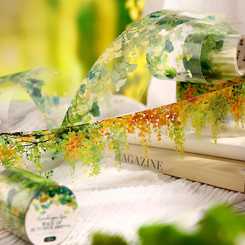 Mr. Paper, Fita Decorativa de Paisagem Sazonal de Outono, 1 Rolo, 5cm de Largura, Fita PET Grande para Artesanato DIY, Decoração de Casa e Cadernos, Design de Folhas