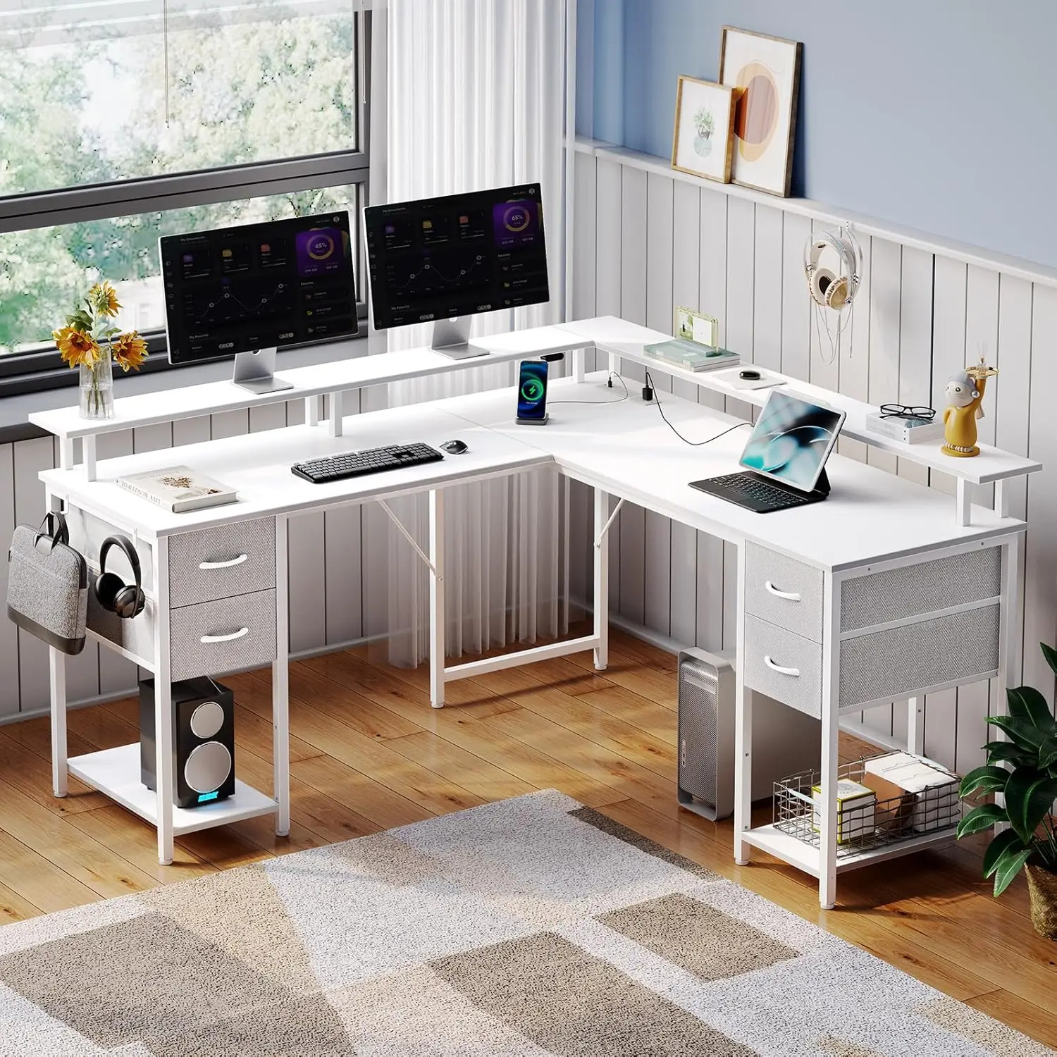 

L Shaped Computer Desk with 4 Drawers,LED Lights & Power Outlets, Home Office Desk with Shelves & Monitor Stand for Living Room