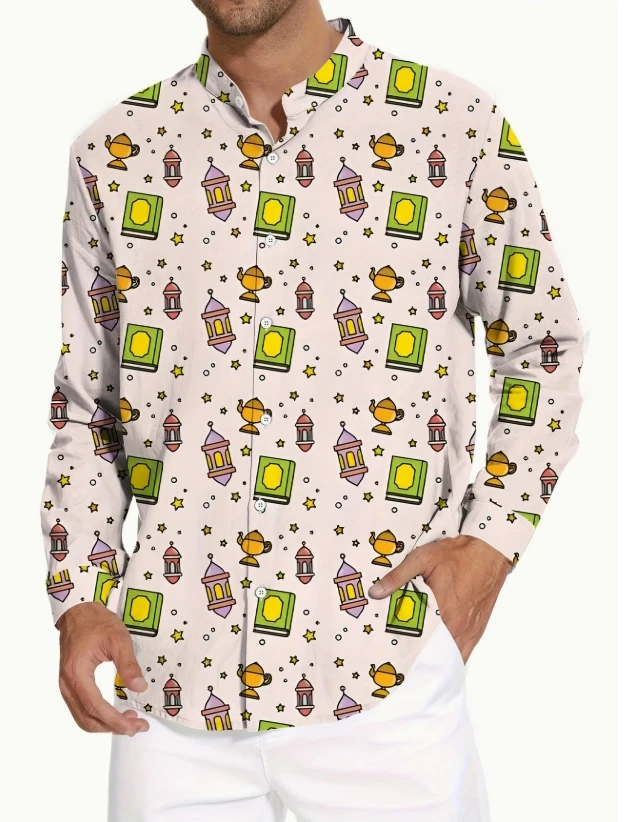 Men's Regular Fit Long Sleeve Shirt with Abstract Leaf Print -  Classic Collar Button-Up, All-Season Versatile Casual