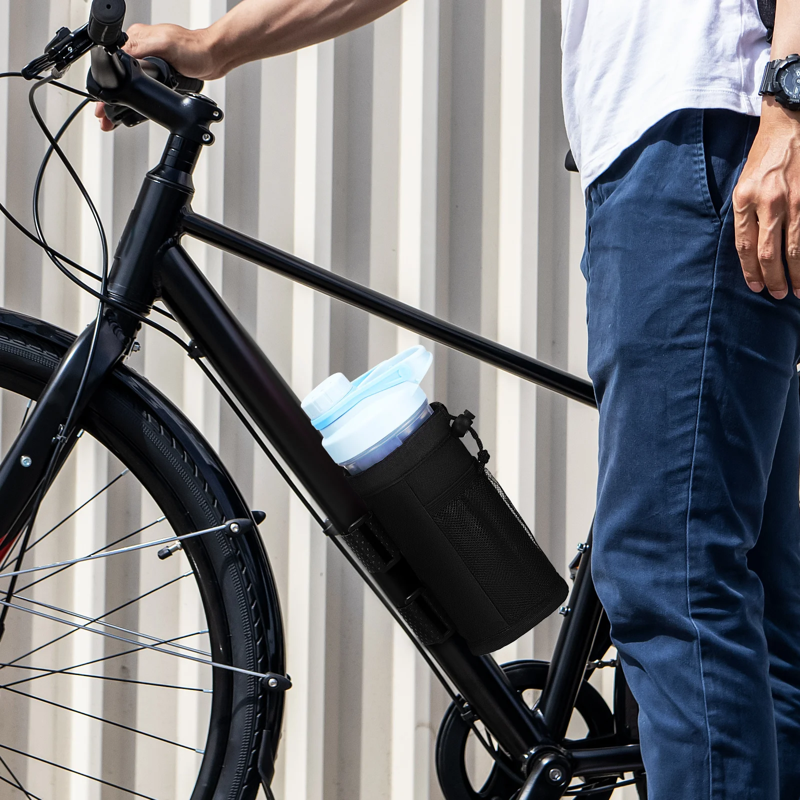 

Bike Water Bottle Holder Large Capacity Adjustable Straps Drawstring Closure Outdoor Cup Holder Mesh Pockets Bicycle Water