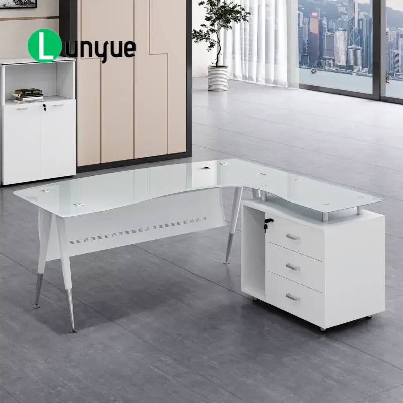 Modern Executive Desk Tempered Glass Top Metal Chrome Legs Office Furniture Sturdy Workstation for Home Business Use