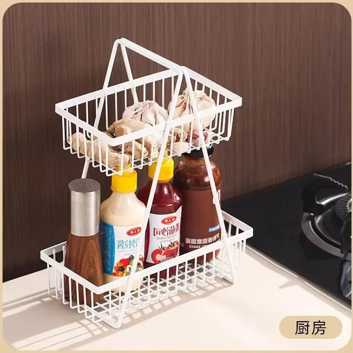 For double-layer storage hand basket wrought iron storage rack Multifunctional three-layer storage basket rack