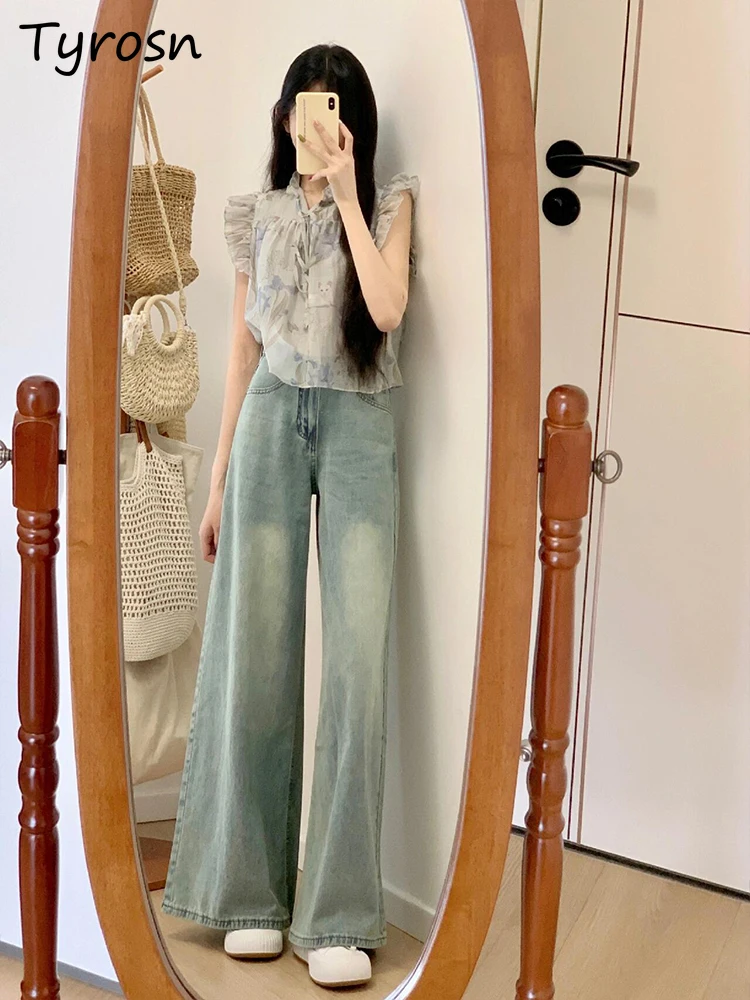 

Jeans Women Gradient Washed Distressed Aesthetic Trousers American High Street Loose Straight Wide Leg Casual Streetwear Daily