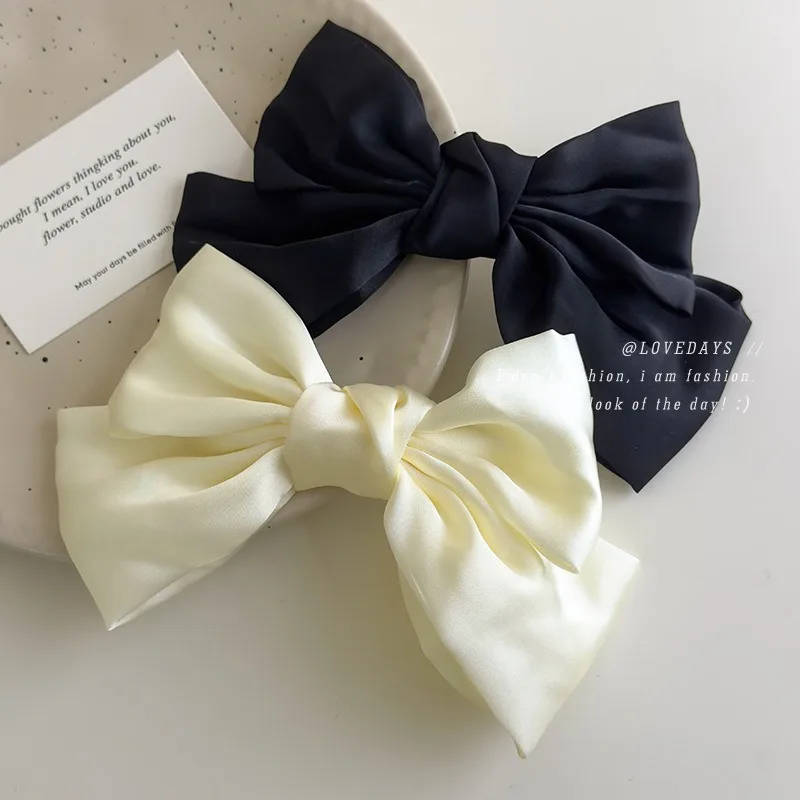 Cream Satin Bow Spring Hair Clip for Women Elegant Premium Non Slip Soft Lightweight Comfortable Sturdy Daily Office Party Use