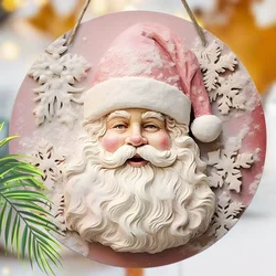 1pc 2D Pink Merry Christmas Santa Claus White Snowflakes Winter Xmas Wood Porch Wreath Hanging Print Sign Painting Decor
