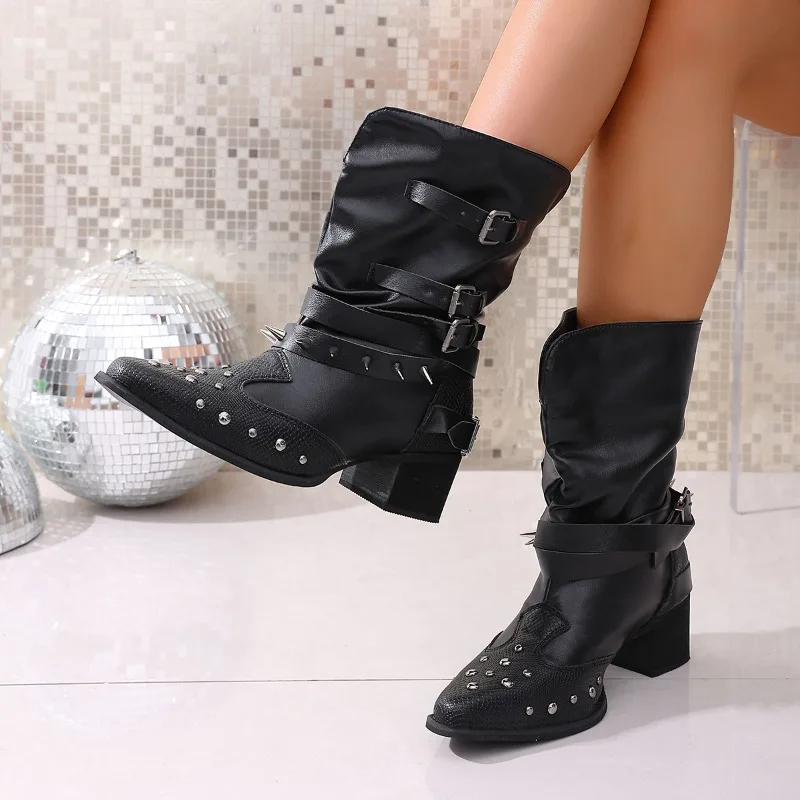 

Осень-зима, уличный дизайн, ботильоны в стиле вестерн, женские короткие ботильоны в готическом стиле с заклепками и квадратным каблуком, повседневная обувь с пряжкой и ремешком