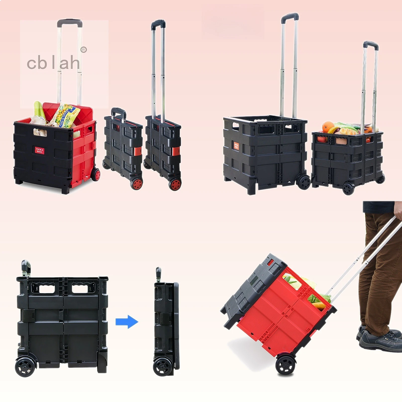 65L Capacity Foldable Hand Trolley Double Wheel Shopping Cart Portable Pull Luggage Cart Outdoor Household Grocery Travel Wagon