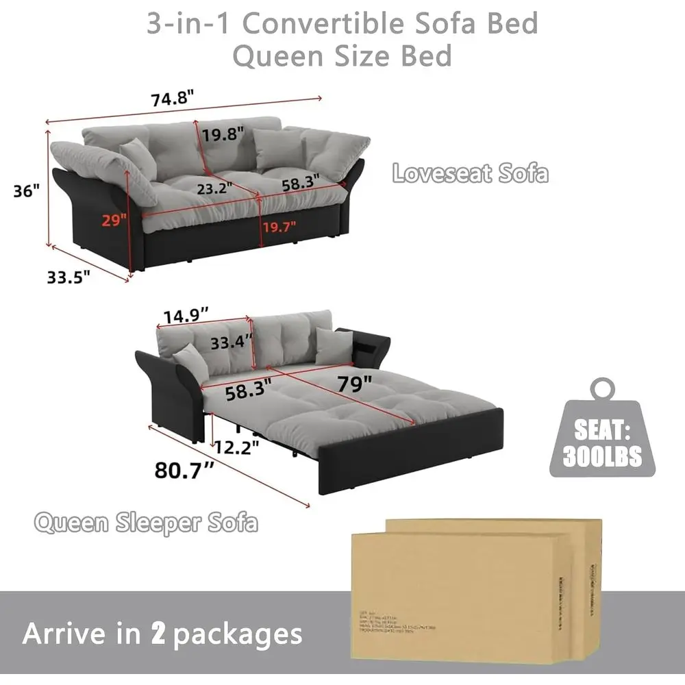 أريكة سرير قابلة للتحويل بحجم كوين، مقعد خلفي مخملي، أريكة رمادية لغرفة المعيشة، غرفة النوم، أو RV