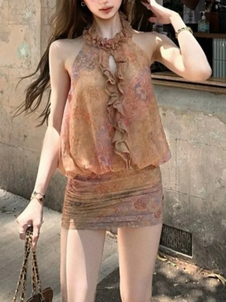 Vestido Mini Boho Vintage con Cuello Halter, Nuevo Modelo Verano 2026 para Mujer, con Volantes, Sin Mangas, Cintura Fruncida, Estilo Bodycon Y2K Streetwear