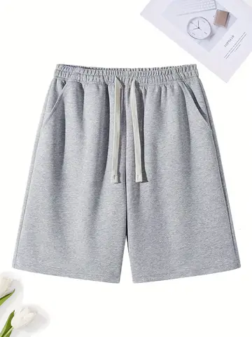 Men'S Classic Casual Sports Shorts Polyester Knitted Fabric, Solid Color
