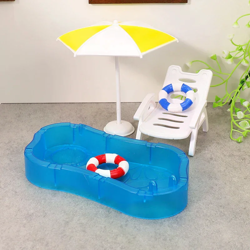 1 Set Kinderspielzeug Puppenhaus Niedliche Simulation Mini-Schwimmbad Schwimmring Strandliege Set Modell DIY Dekoration
