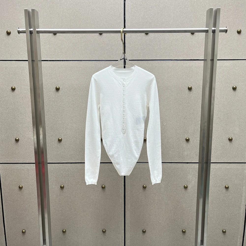 Women Long Sleeve Knit Bodysuit Crew Neck Half Button Placket Slim Fit Pointed Hem Jumpsuit Basic Casual Layering Lady Tops