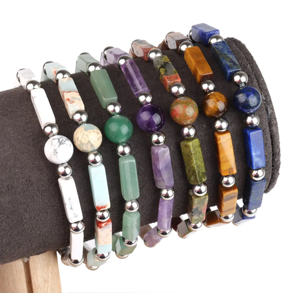 Square Tube Stone Beads Bracelet Natural Amethyst Tiger Eye Stainless Steel Round Ball Charm Bracelet Jewelry Gift for Women Men