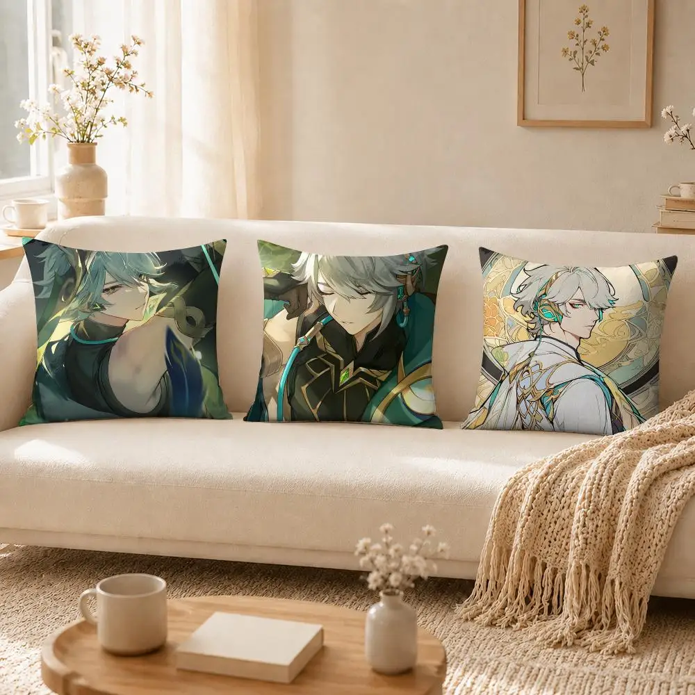 Game Alhaitham Genshin Impact Cushion Cover Soft Short Plush Pillow Cases Hidden Zipper Cutecore Sofa Bedroom Home Decor Gift