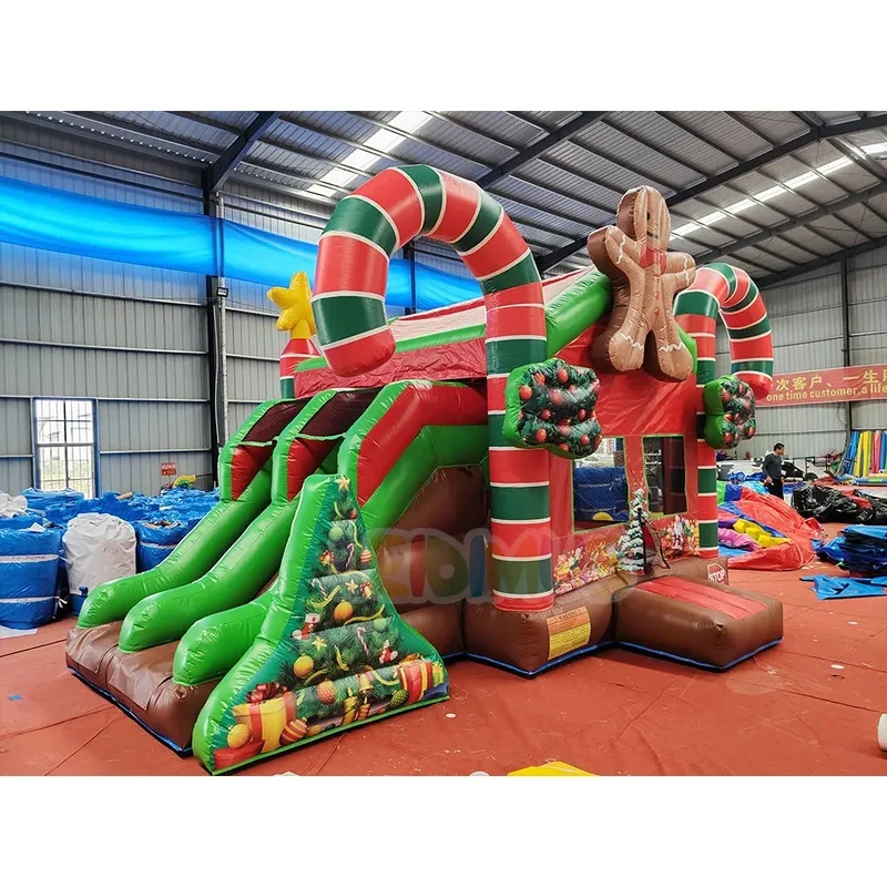 PVC Tarpaulin Christmas Gingerbread House Inflatable Bouncy Castle Combo, Candy Inflatable Bounce House With Slide for Rental
