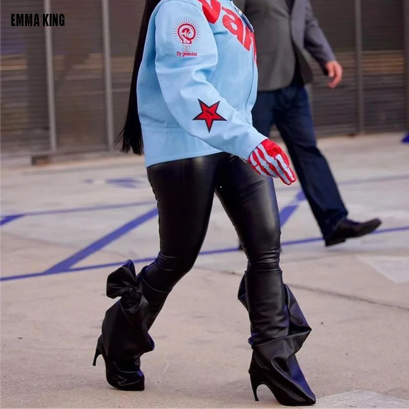 

2024 Women Black Pointed Toe Pleated High Heel Knee High Boots Fashion Catwalk Bow Stiletto Boots 44