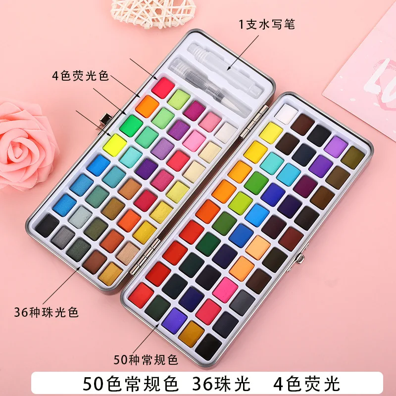 100 Color Solid Watercolor Paint Set with Iron Box, Portable Watercolour Blocks Kit with Water Brush, Paint Brush and Palette