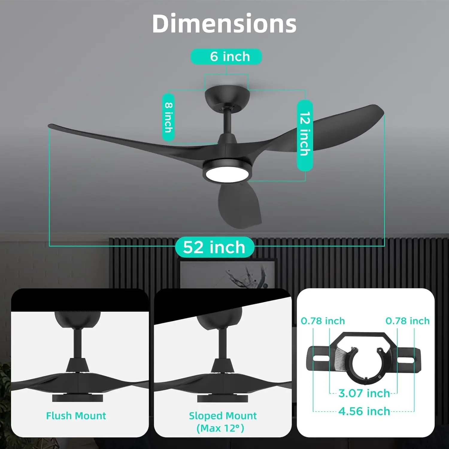 Ventiladores de teto com luzes e controle remoto, ventilador de teto preto 52 polegadas silencioso motor DC 3 CCT memória moderno grande fluxo de ar Noisele