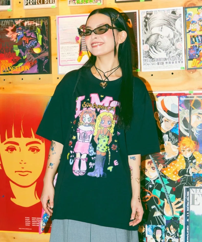 Cute Girl Loose fiti ort Sve T-irt Summer Casual Sle Cotton Knitted round Ne Mid-Length Creative Character Print