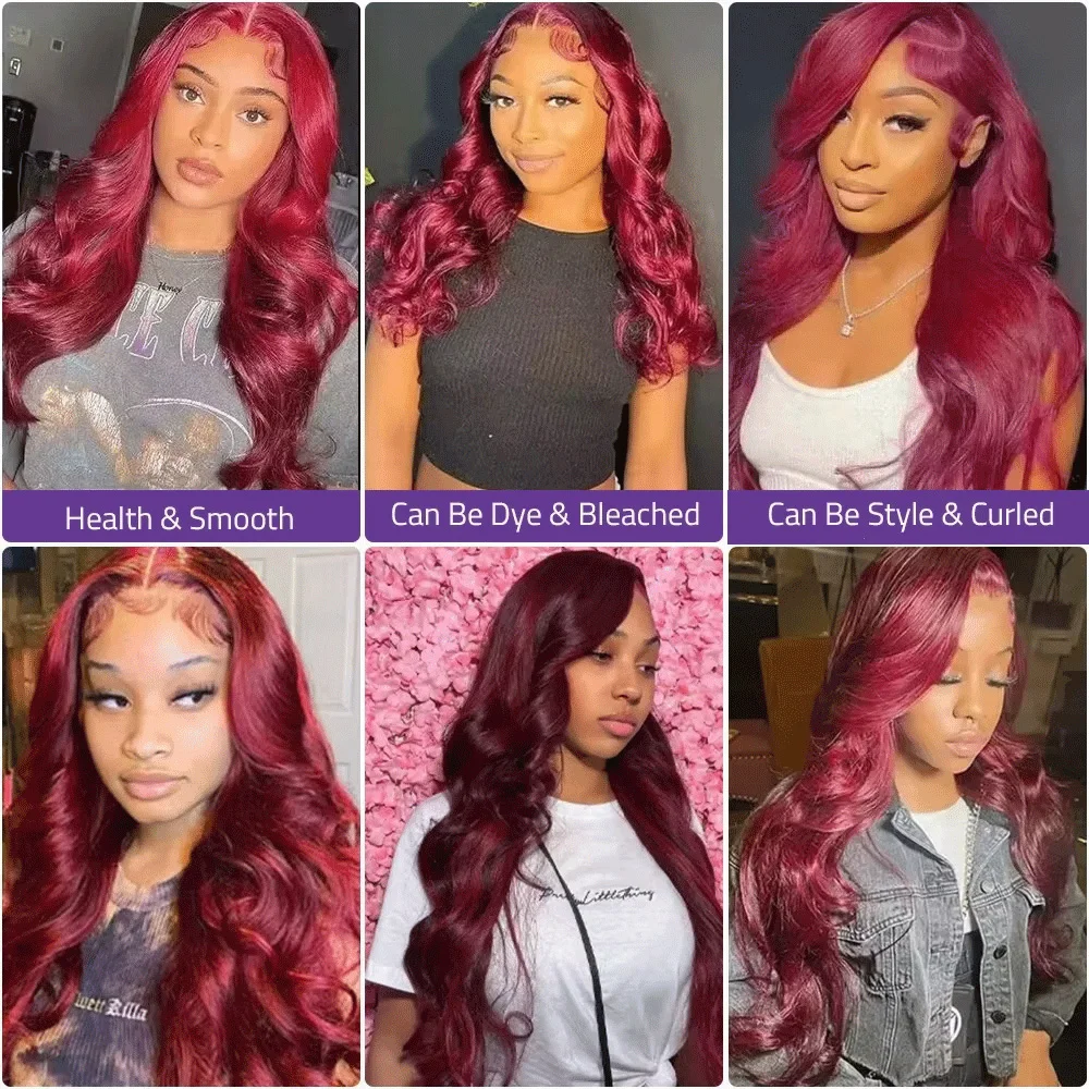 200% الكثافة 13x6 الدانتيل الجبهة 100% باروكة من شعر طبيعي 99J بورجوندي 30 40 بوصة Hd شفافة الجسم موجة الدانتيل الباروكات الأمامية قبل قطعها