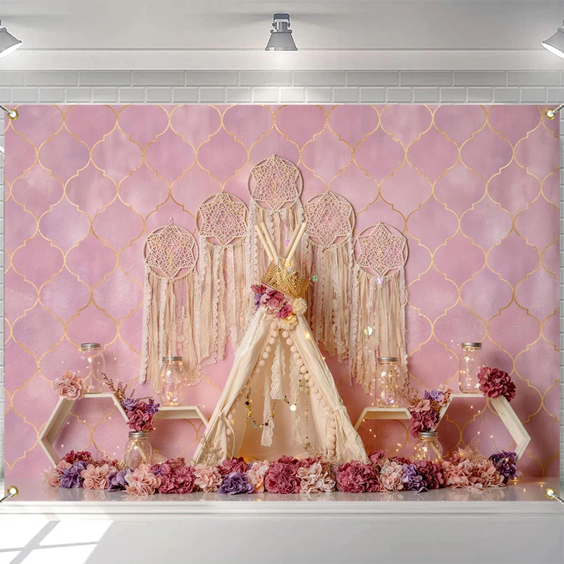 

LS Bohemian Style Tent Backdrops Cake Smash Child Baby Photo Props Adult Kids Decors Arch Tassel Photography Studio Backgrounds
