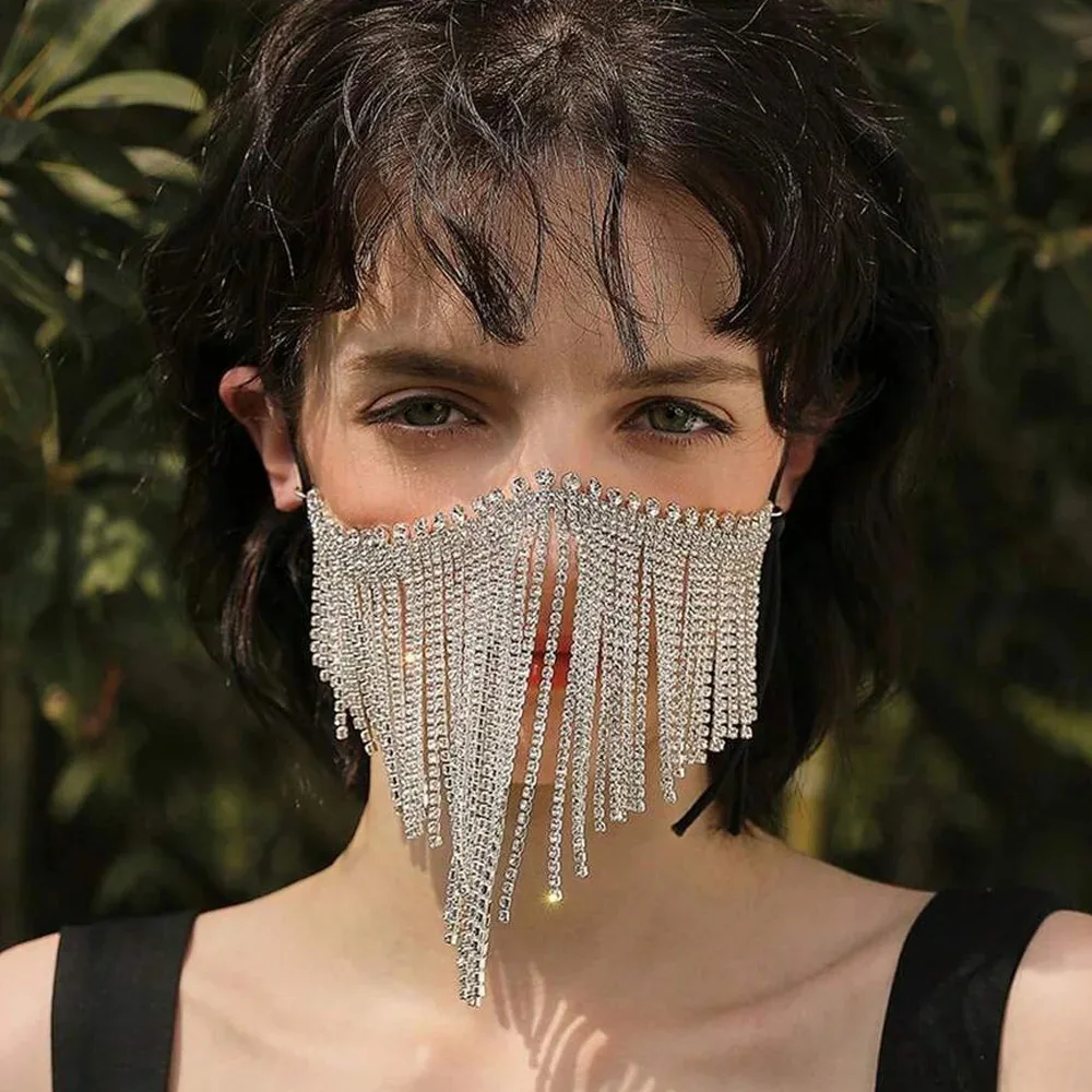 Mysterious Tassel Mask Chain Veil Women Face Decoration Party Charming Hook Rhinestone Masquerade Jewelry Fashion Accessories