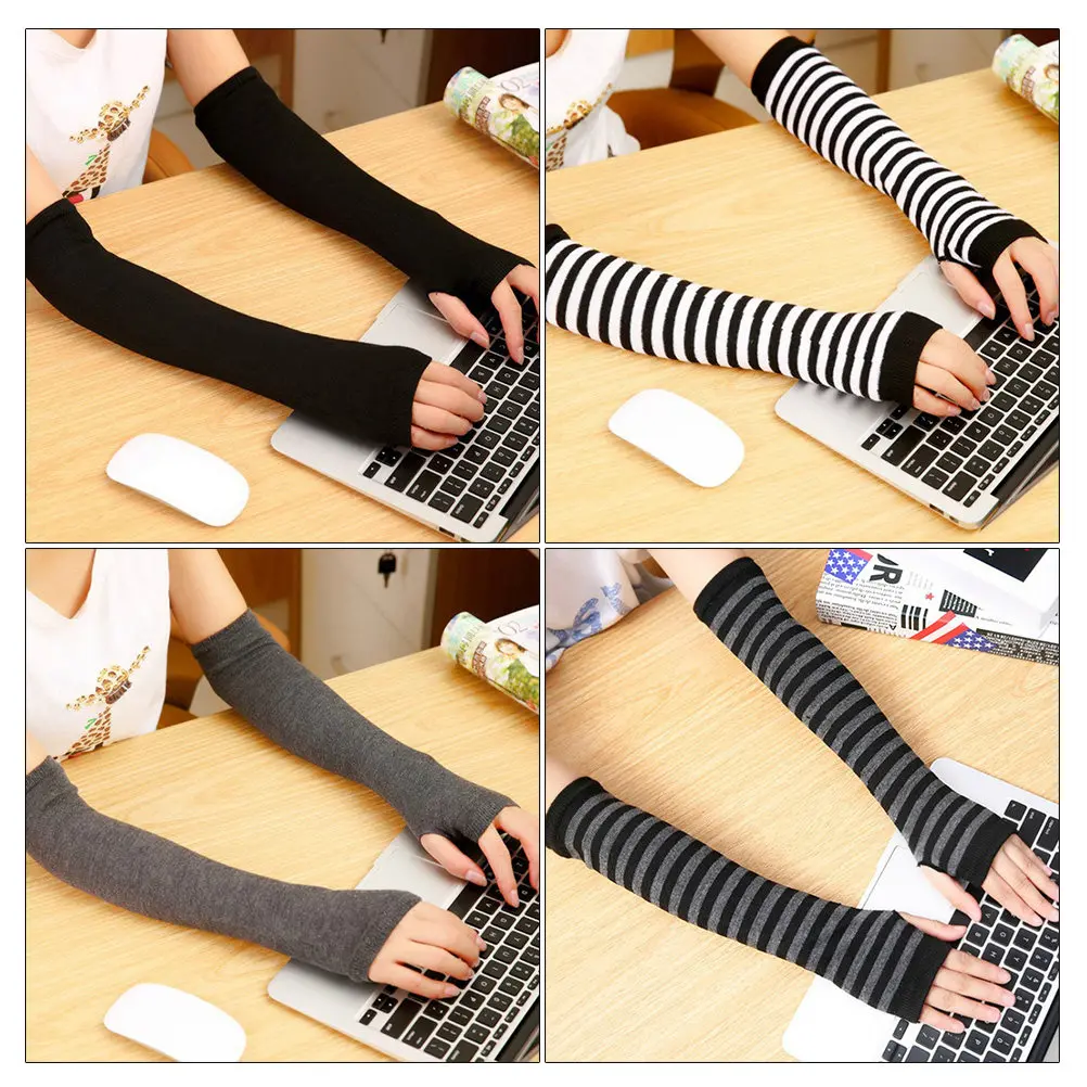 4Pairs Warm Sleevelet Cotton Fingerless Gloves Thumb Hole Winter Long Arm Warmer for Outdoor Sports Jogging Climbing Skiing