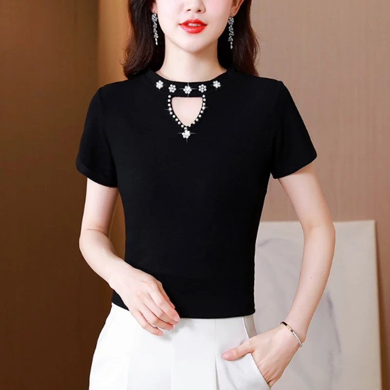 아이스 실크 모달 또는 스웨이드 니트 티셔츠 여성 슬림핏 베이스 티셔츠 여름 신상 캐주얼 클래식 라운드 넥 탑