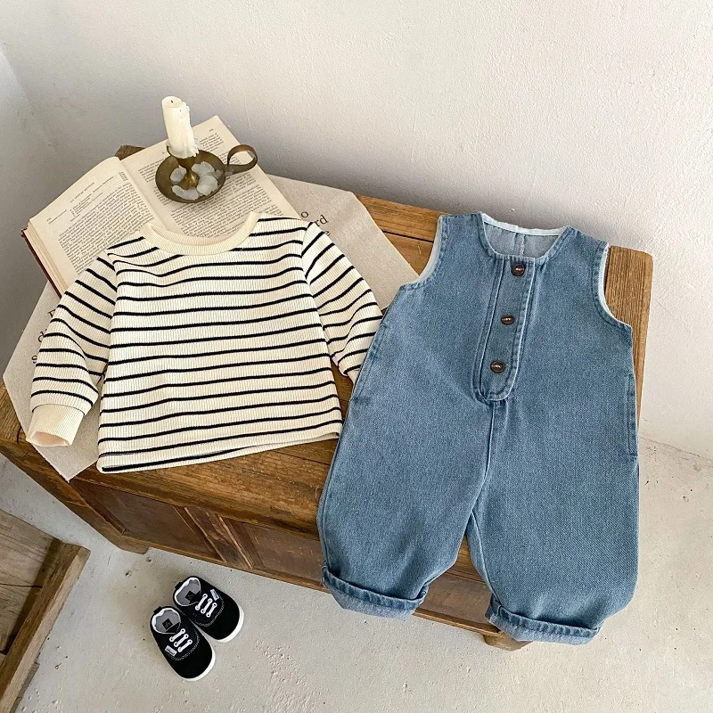 

2024 Spring Baby Clothes 0-3Years Newborn Boy Girl Solid Denim Jumpsuit Overalls Jeans Striped Cotton T-Shirt 2PCS Seperate Suit