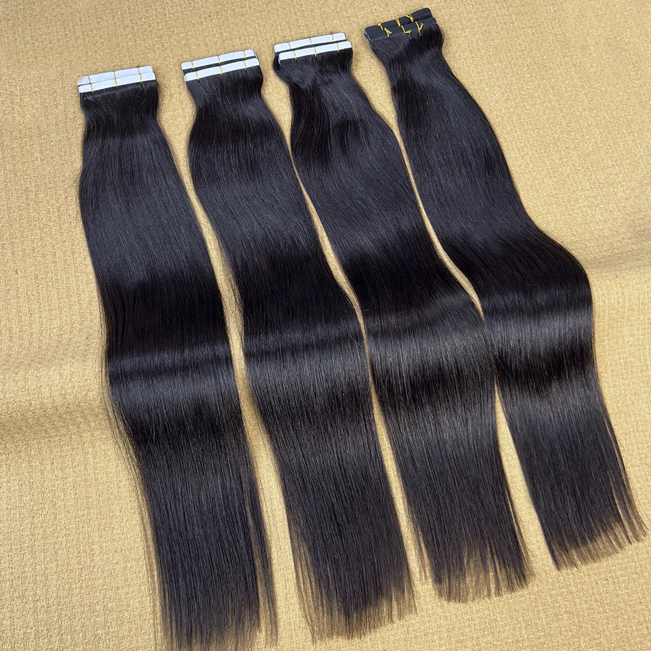 شريط بولي يوريثان مستقيم في وصلات الشعر حقن غير مرئي سلس من جلد البولي يوريثان مواد لاصقة مربوطة يدويًا 4x0.8 8x0.8 سم 100% شعر بشري