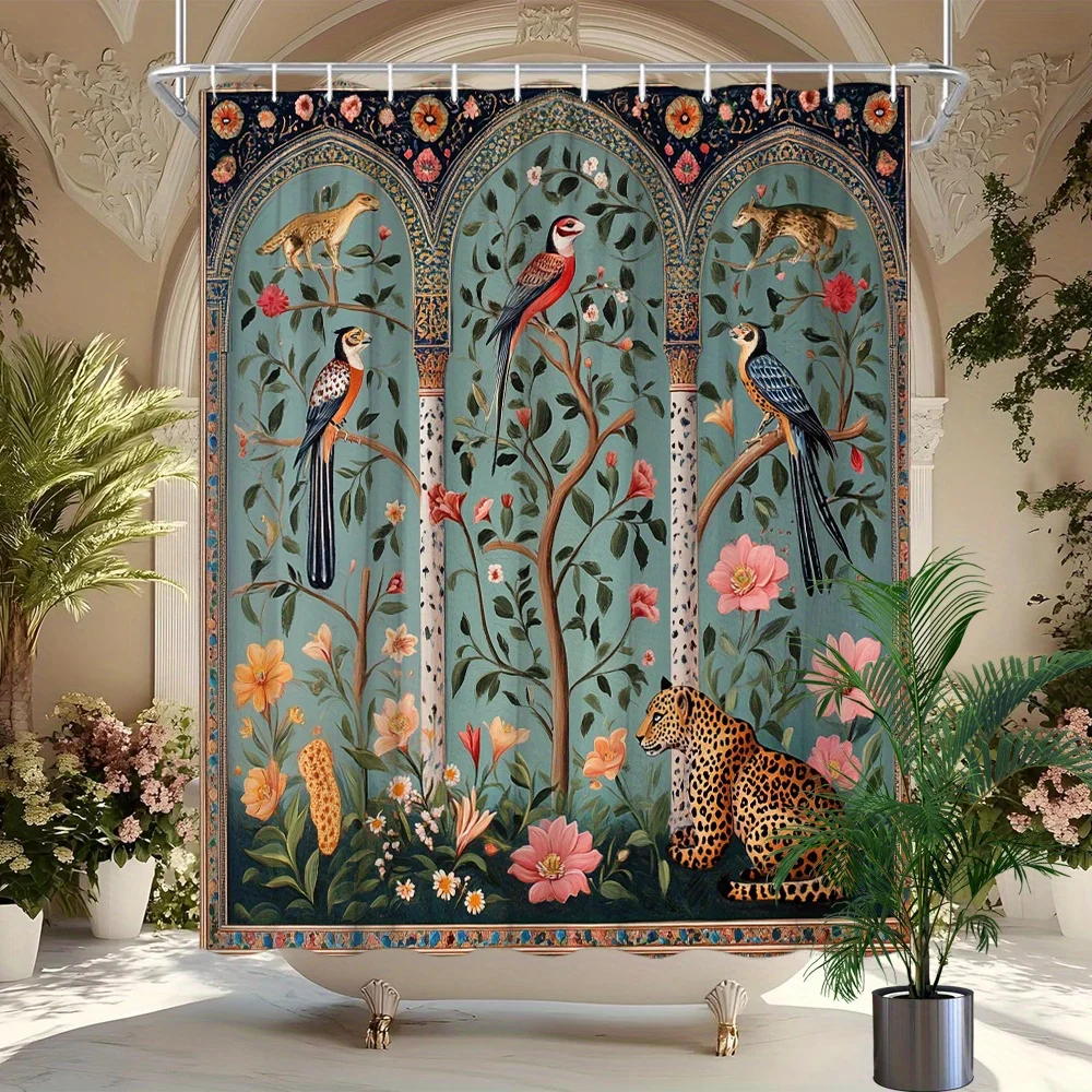 Persian style vibrant bird shower curtain floral design with 12 hooks machine washable bathroom decorative shower curtain