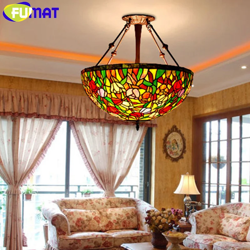 FUMAT Stained Glass Pendant Lamp Pastoral Warm Floral Hanglamp Shade Lights For Living Room Art Glass Suspension Pendant Light