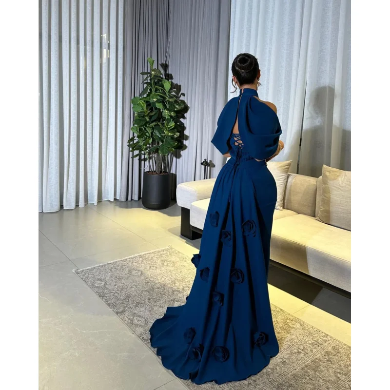 Indie Elegant Off Shoulder Prom Dress Women Beaded Blue Floral customized Evening Dresses Floor Length Special Occasion Gowns