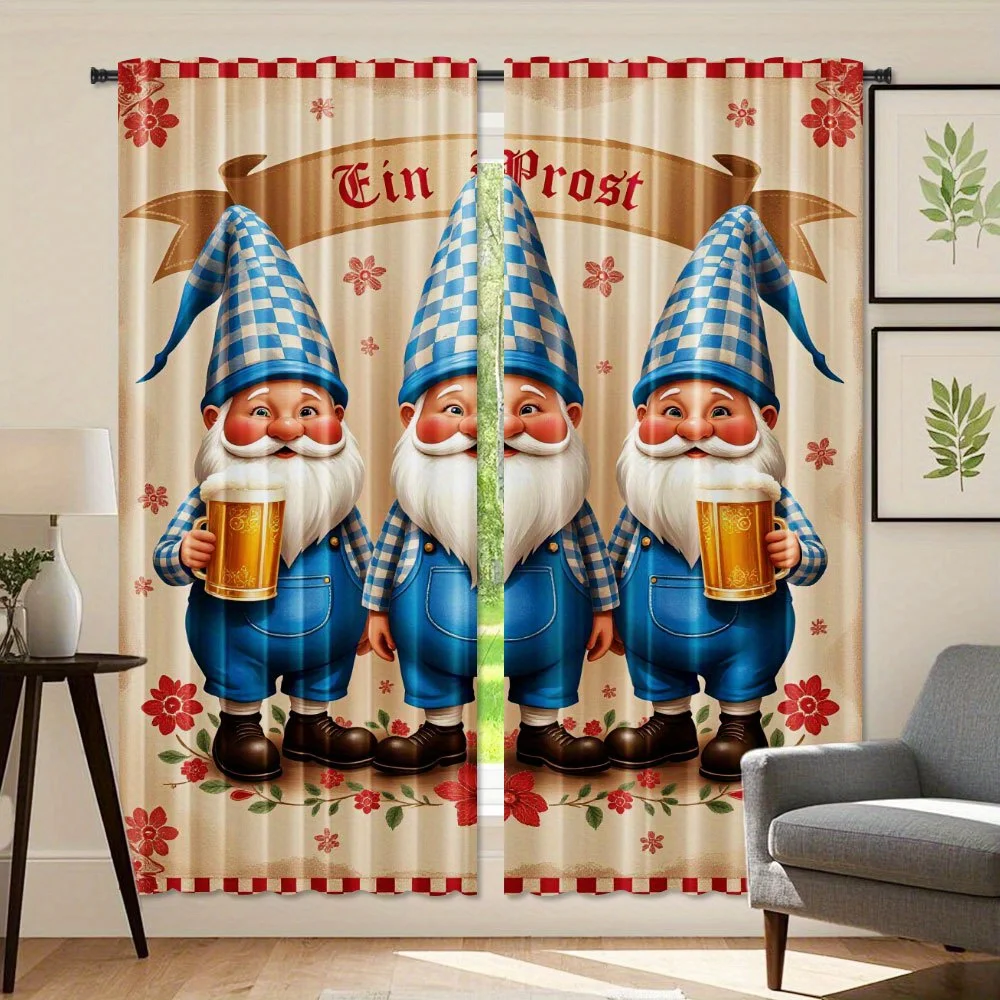 2pcs Oktoberfest Party Decorations - Beer-Loving Gnome Curtains with Blue Hats, Semi-Sheer Light Filtering Window Drapes for Liv