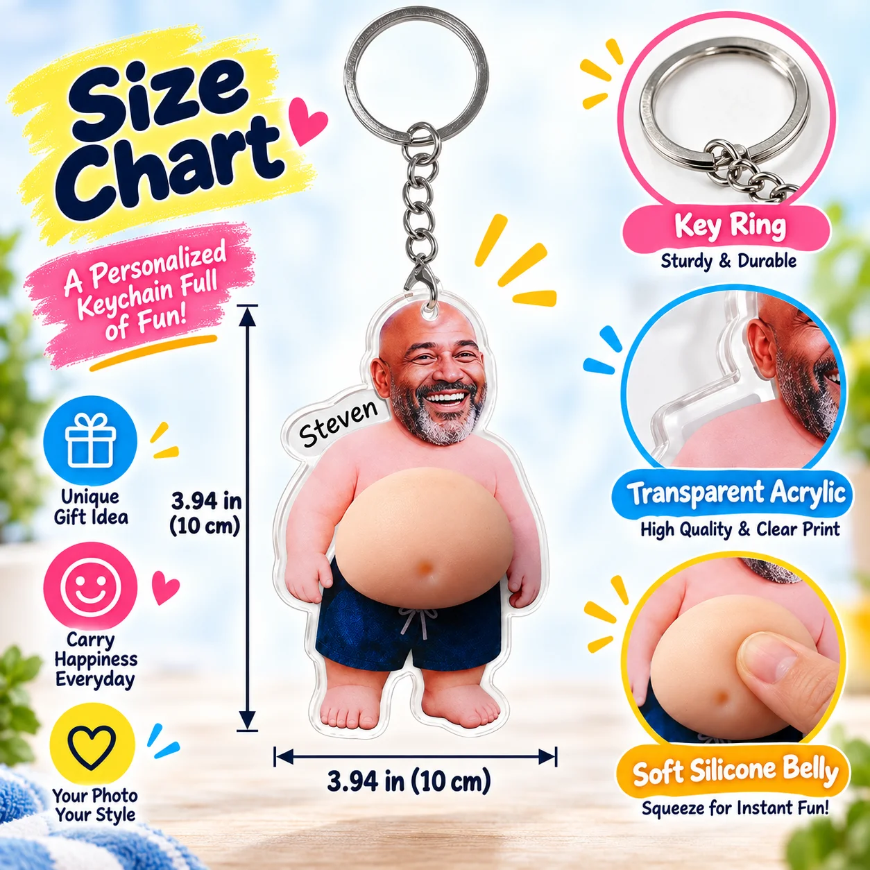 Picture Custom Big Belly Keychain Acrylic Photo Charm Funny Squishy Keepsake for Bag Purse Dad Boyfriend Stress Relief Gift