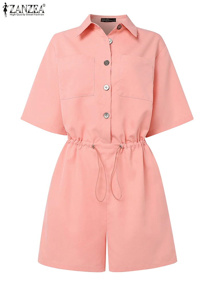 

ZANZEA Women Fashion Rompers Casual Turn-Down Collar Half Sleeve Drawstring Waisted Playsuits Work Wear Cargo Shorts Overalls