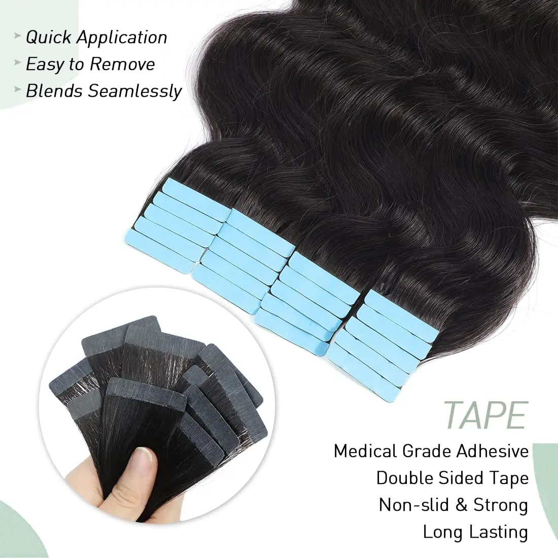 Extensões invisíveis do cabelo para mulheres, fita no cabelo humano, onda do corpo, cabelo humano real de 100%, preto natural, # 1B, Ins